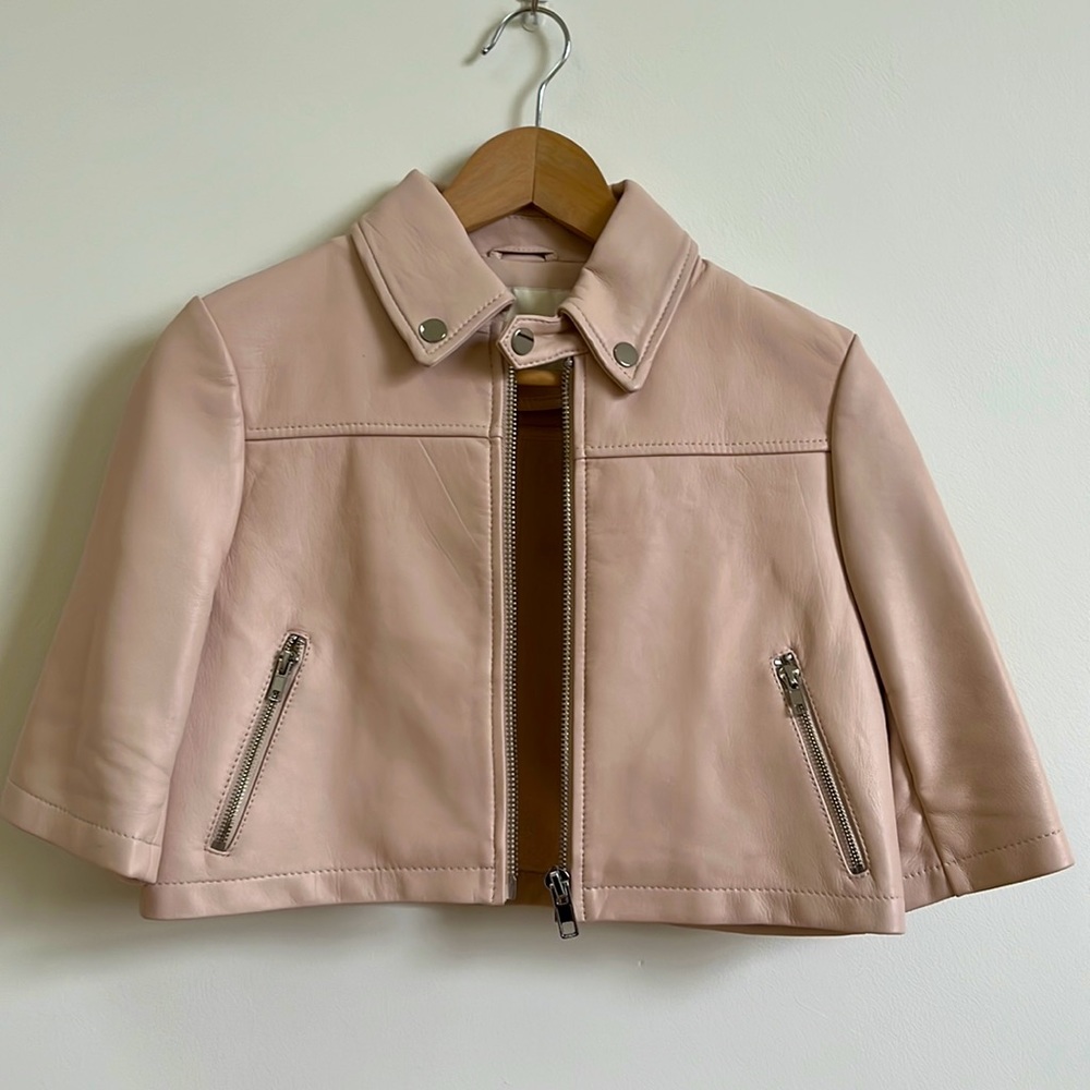 -Maje Light Rose Pale Pink Brittany Cropped Lamb Leather Jacket EU38 - Picture 3 of 11